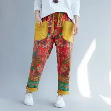 Женские Мешковатые джинсовые штаны-шаровары размера плюс с эластичной резинкой на талии, ковбойские брюки с принтом, милые джинсы в этническом стиле, джоггеры