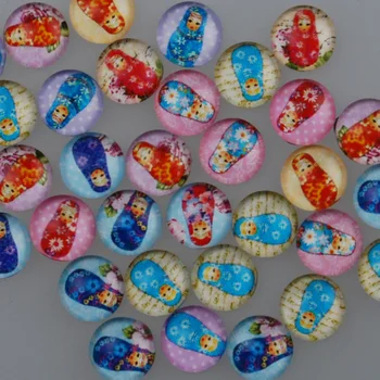 

1cm Flat Back Pattern Glass Cabochon Sticker With Russian Doll Pattern, Round Decorated Glass Cabochon Spacer