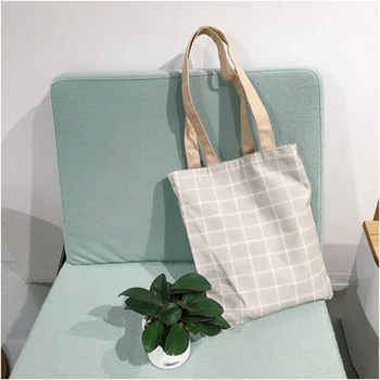 

Eco Shopping Bag Foldable Reusable Grocery Canvas Tote Cotton Linen Shoulder Bags Women Plaid Handbag Fashion Casual Book Bag