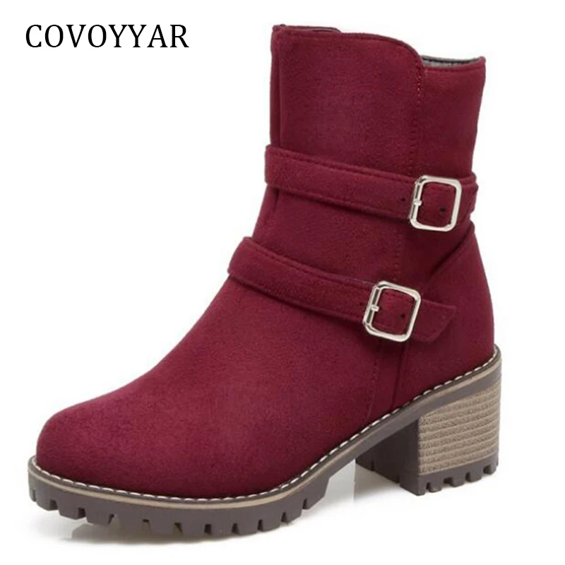 

COVOYYAR 2019 2 Buckles Ankle Boots Women Side Zip Platform Martin Boots Autumn Chunky Heel Women Winter Booties Shoes WBS402