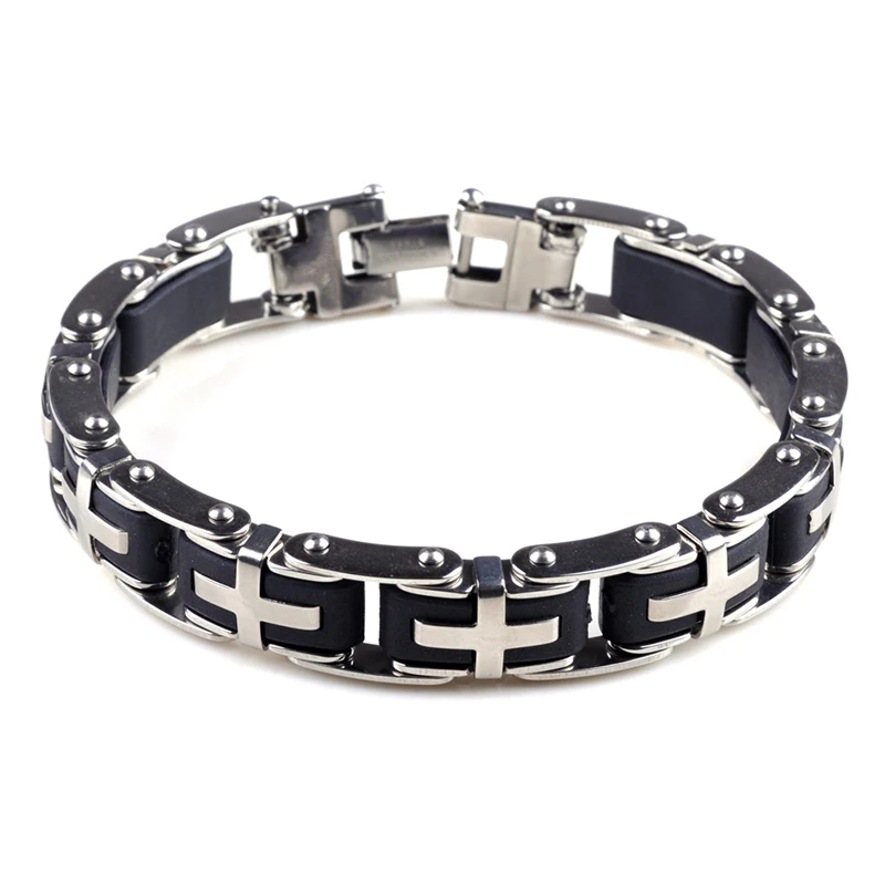 

New Fashion Silver Stainless Steel Black Rubber Motorcycle Biker Mens Chain Link Bracelet Bangles Jewelry Ornaments