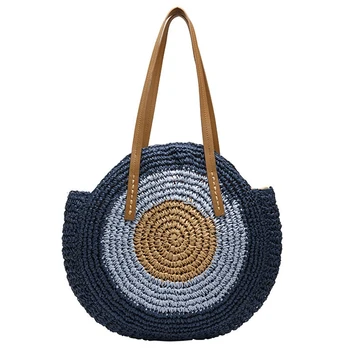 

Straw Bag Women'S Fashion Shoulder Bag Center Round Rattan Straw Hand-Woven Bohemian Large Size Beach Bag