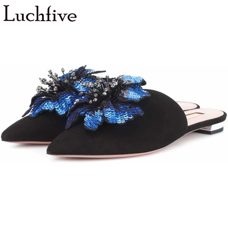 

Sequin Pearls Flora Pointy Toe Women Slippers Kid Suede Low Heels Runaway Lazy Loafers Shallow Slip On Black Sweet Shoes Woman