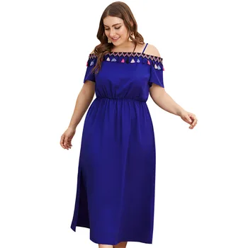 

2019 MAXIORILL NewWomen Plus Size Tassel Word Shoulder Strap High Waist Short Sleeve Slit Dress платье Wholesale y3