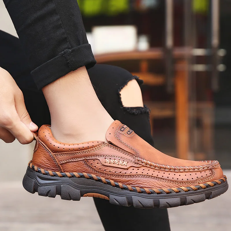 

Men Flat Shoes high Quality genuine Leather Men Loafers Breathable Slip-On Outdoor handmade sewing Men Driving Shoes men L4
