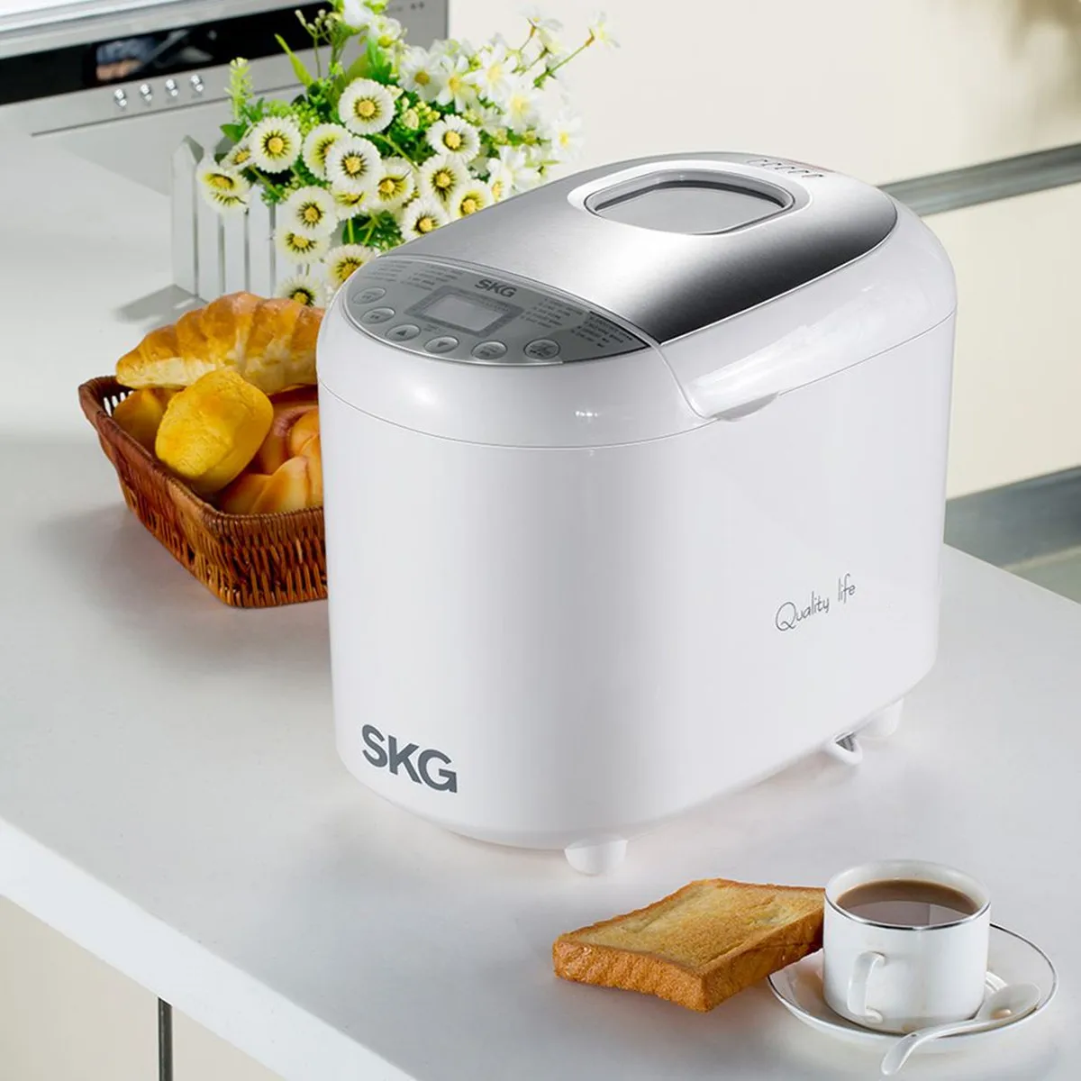 

SKG Automatic Bread Machine Maker With Recipes 110V Nonstick Coated 2LB Beginner Friendly 19 Programmable Timer Intelligent