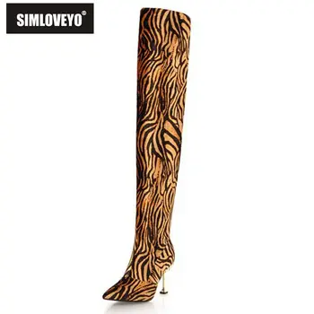 

SIMLOVEYO Shoes women Over the knee boots Clear heel Pointed toe Slip on Thigh high boots Botas feminino mujer Flock A1407