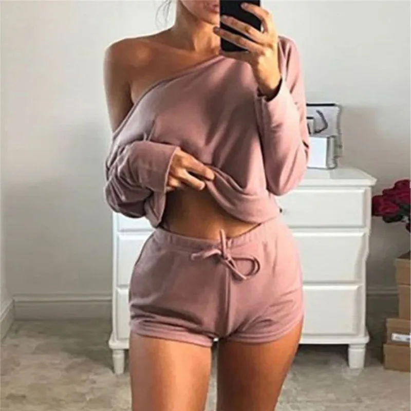

Hirigin Fashion Women 2 Piece Set Tracksuit Off Shoulder Crop Top + High Waist Shorts Outfits Summer Clothes