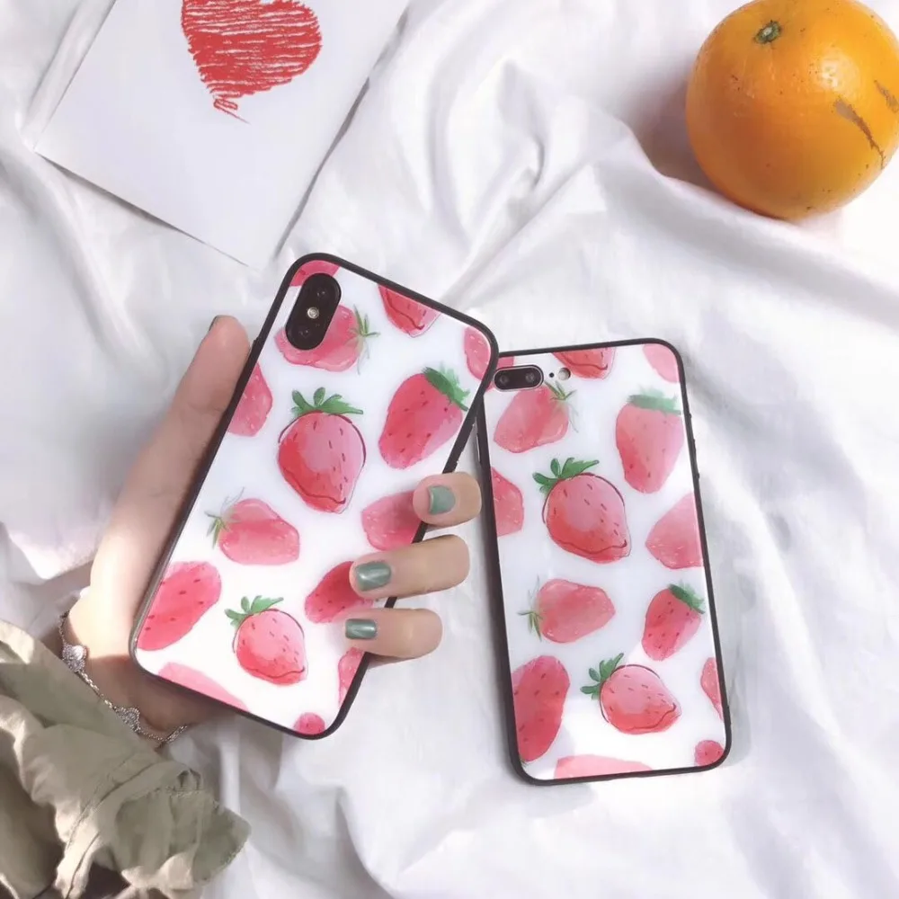 Summer Fruit Pink Strawberry Pattern Design Tempered Glass Hard Plastic Case Cover For Iphone6 6S 7 7S 8 X 6P 7P 8P |