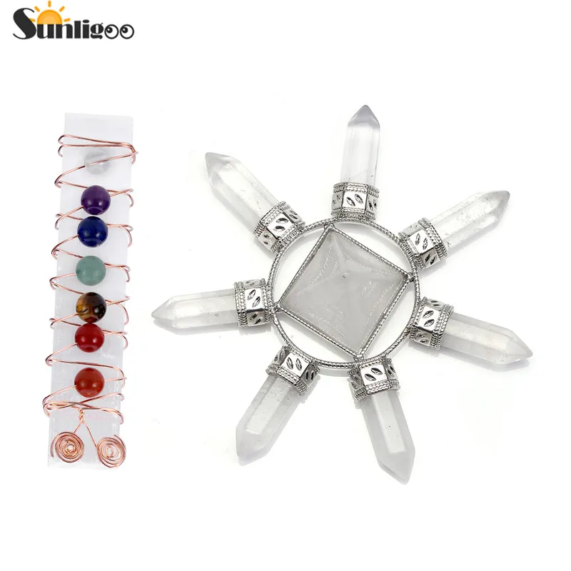 Günstig Sunligoo 7 Chakra Healing Kristalle Kit, Klare Quarz Punkte Pyramide Energie Generator, 7 Chakra Perlen Selenite Stick Meditation Set