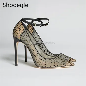 

Sexy Crystal Stud Mesh Women Pumps Point Toe Hollow Out Thin High Heels Ankle Buckle Strap Spring Summer Party Dress Shoes