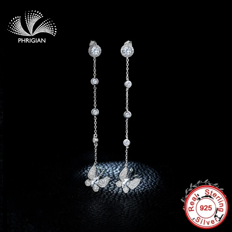 

NOT FAKE 925 S925 Sterling Silver Geniune earrings line circle loop round long emerald zircon luxury hot butterfly animal