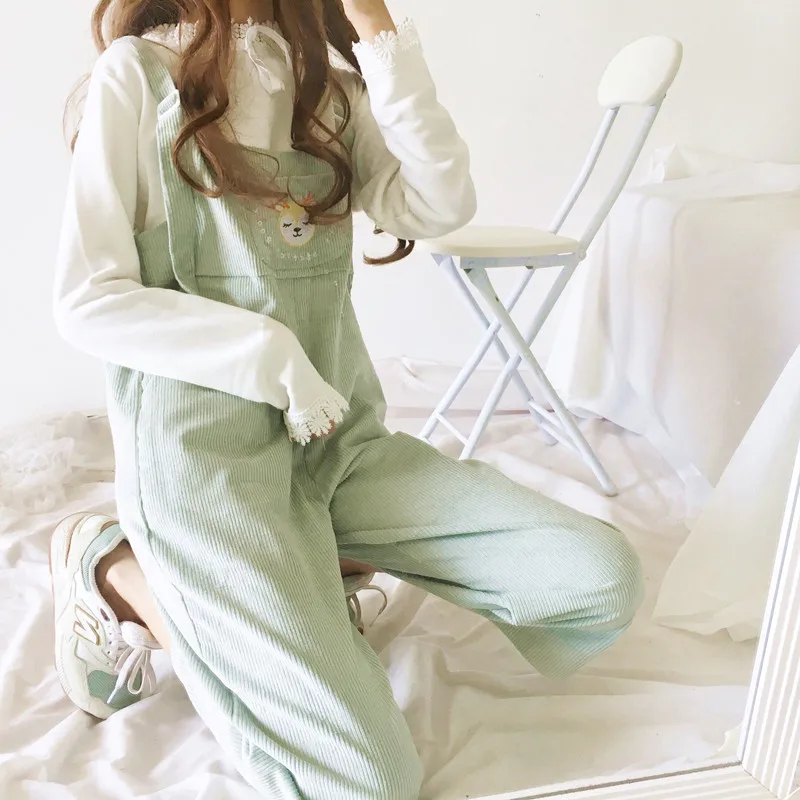 Japan Style Soft Girl Kawaii Lolita Wide Leg Jumpsuit Ankle Length Casual Loose Cartoon Embroidery Corduroy Suspenders Overalls