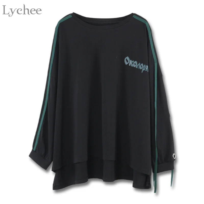 

Lychee Spring Autumn Women T Shirt Hollow Out Lace Up Letter Print Casual Loose Long Sleeve T Shirt Tee Top Female
