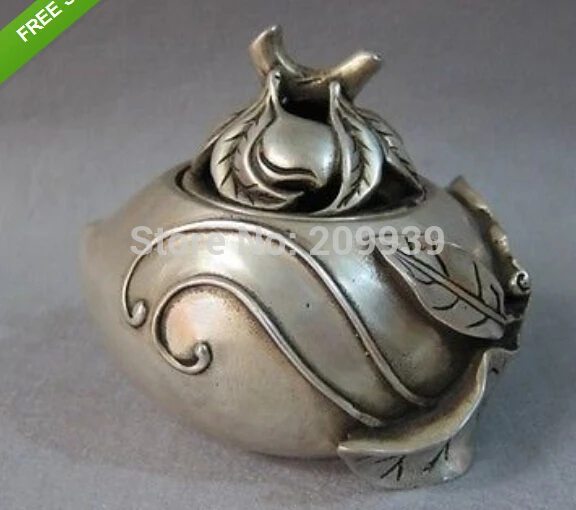 

huij 005549 4.2"Chinese Pure bronze Silver Peach Xuande censer incense burner Statues (A0314)