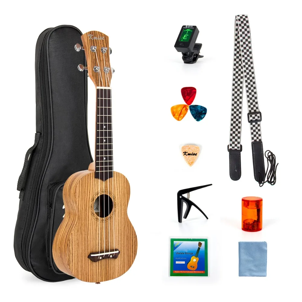 Kmise Soprano Ukulele Ukelele Uke Zebrawood 21 inch Beginner Kit with