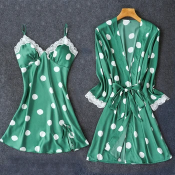 

Green Womens 2PC Strap Top Pajamas Sleepwear Sets Lady Home Wear Nightgown Suit Sexy Kimono Robe Bath Gown Sleepshirts M-XL