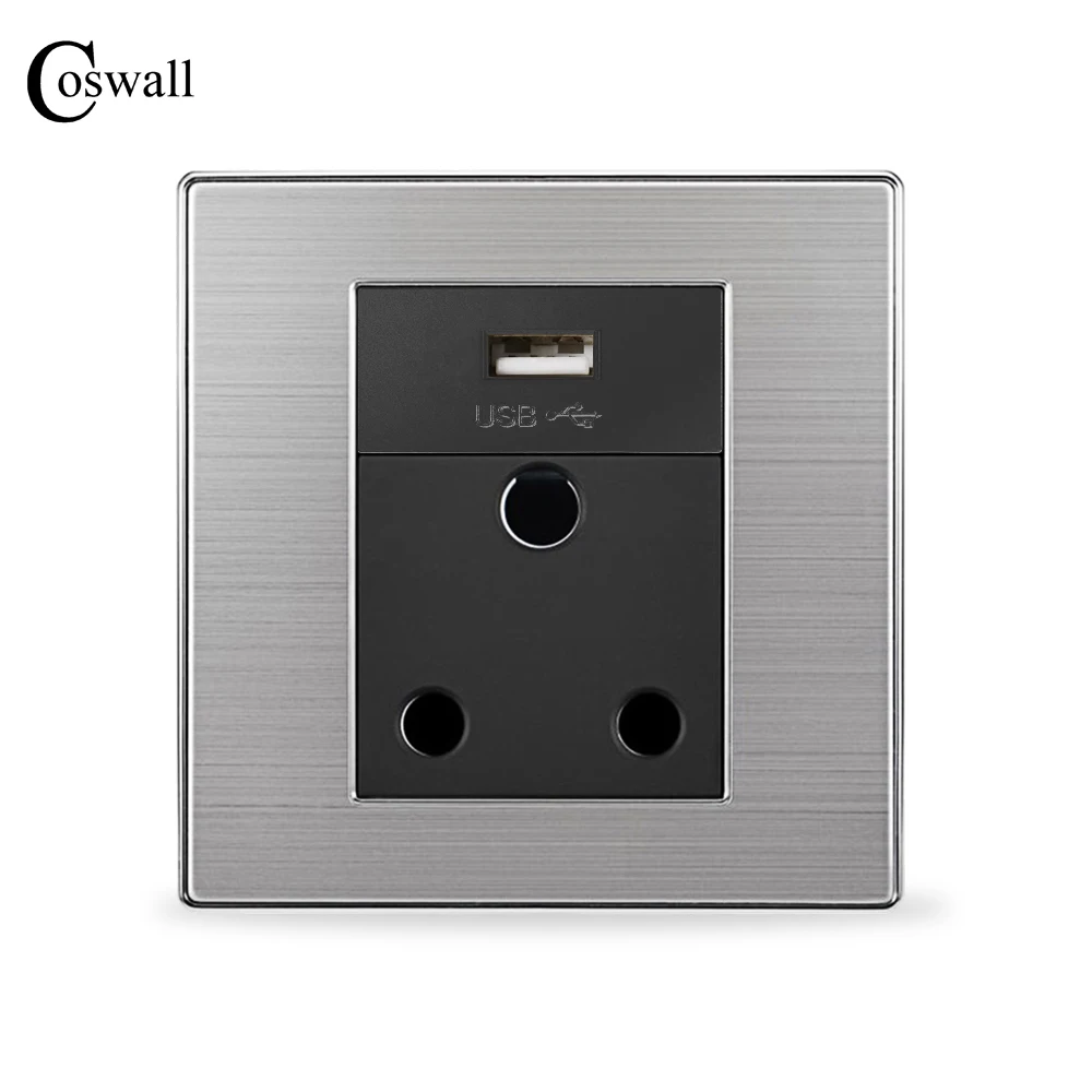 COSWALL 15A India or South African Standard Socket with USB Charge Port