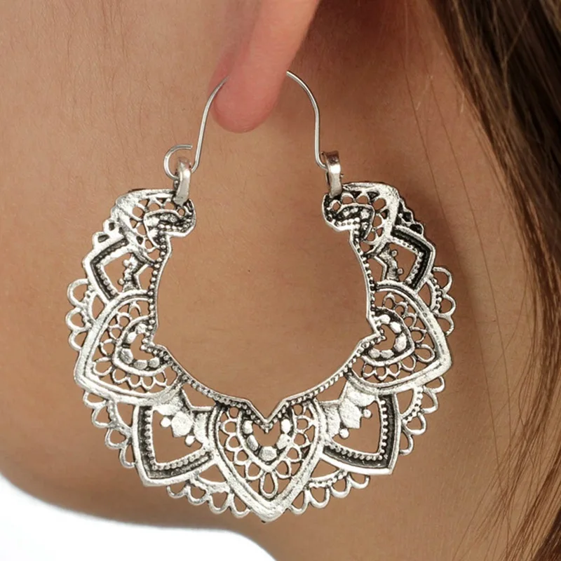 

18 Style Indian Tribal Brass Earring Dangle Drop Earring Carved Flower Ornate Swirl Gypsy Earring For Women Boho Vintage Earring