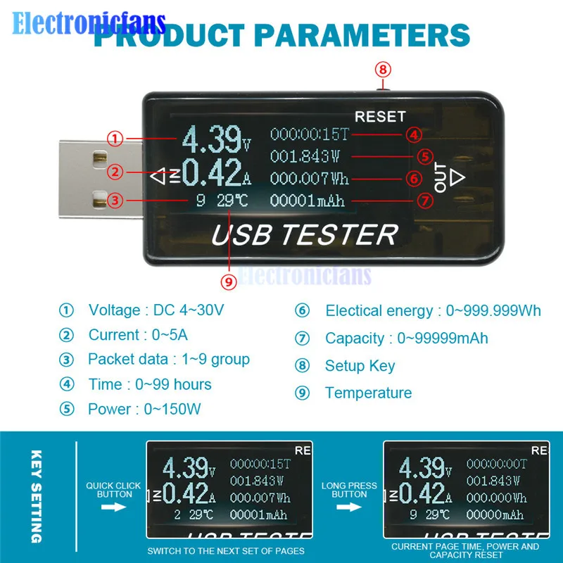 6 в 1 0-5A DC 4-30 в USB порт тестер дисплей напряжение тока мощность USB вольтметр мощность амперметра тестер мультиметр