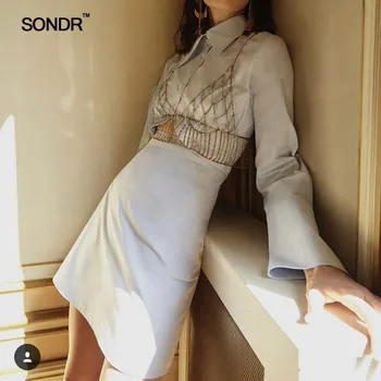 

SONDR Spring/summer 2019 women's new triangle hollow out umbrella sleeve shirt waist two-piece dress a-line dress