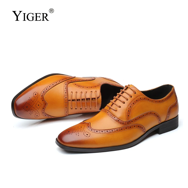 

YIGER Men dress shoes man Bullock business shoes big size casual leather lace-up male Increased formal shoes dress shoes 0333