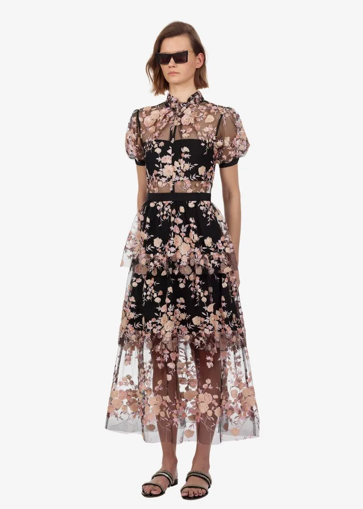 

Summer women's mesh dress Hot Fashion embroidered sequins floral dress Sexy see-through dress A405