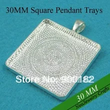 30 мм квадратный Бланк лоток Подвески, блестящий серебряный Бланк Настройки рамка, Бланк Лотки Подвеска для Кабошоны или Наклейки