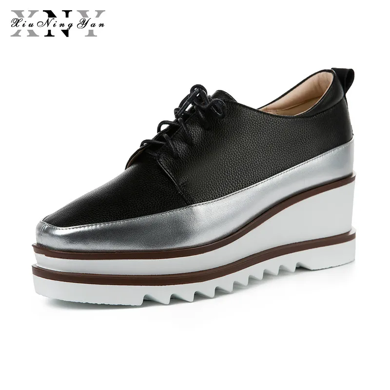 

XIUNINGYAN Fashion Women Platforms Flats Shoes Soft Genuine Leather Oxfords Lace Up Casual Shoes Woman Party Shoes 2019 Flats