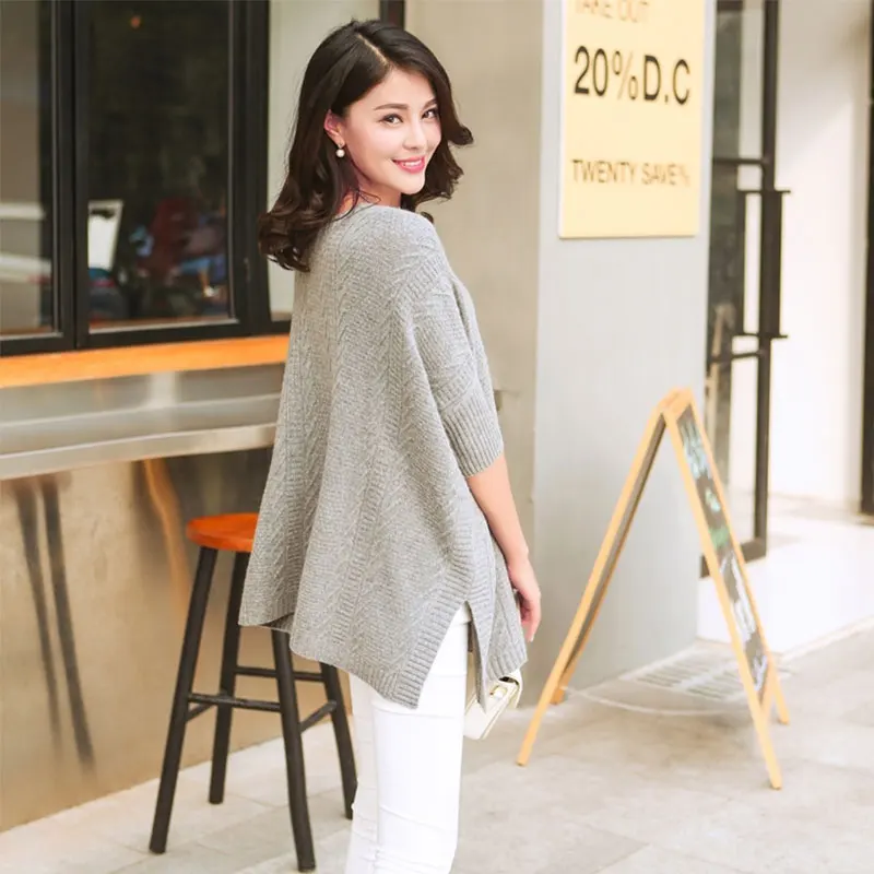

2018 New Slim Pullover Female Solid Gray Color 100% Pure Cashmere Knitted O Neck Loose Half Sleeves Long Sweater Jumper Tops
