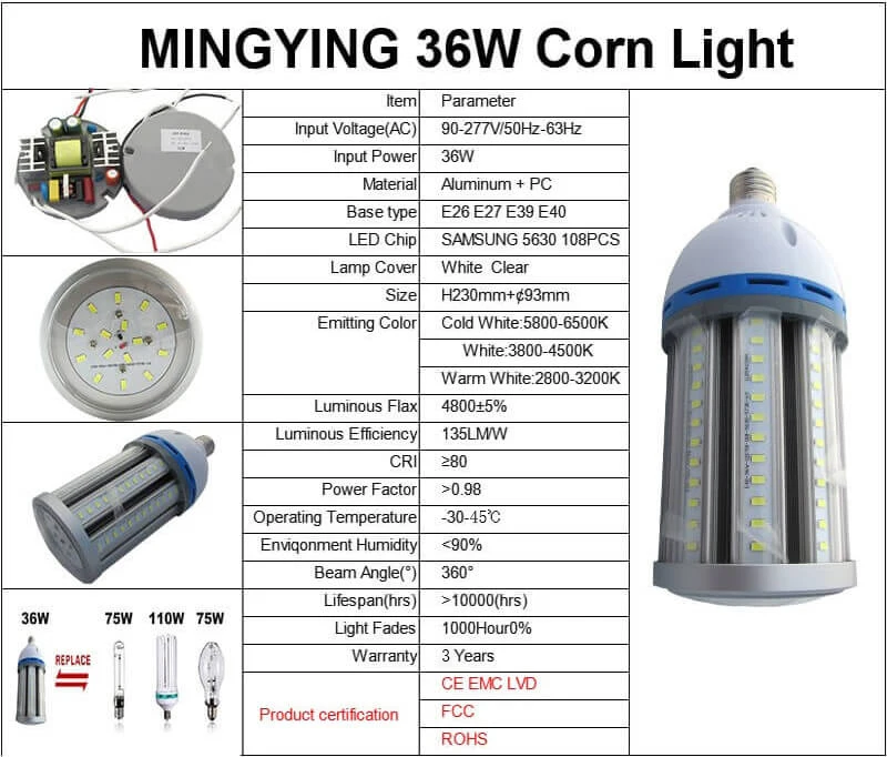 Светодиодный светильник-кукуруза, 36 Вт, 45 Вт, 54 Вт, 80 Вт, 100 Вт, 120 Вт, E26, E27, E39, E40, завод, склад, парковка, освещение, шоссе, bombilla, 85-277 В