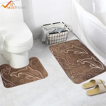 

2Pcs 3D Dolphin Pattern Bathroom Bath Mat Set Mirrofiber Cartoon Bath Rug Set