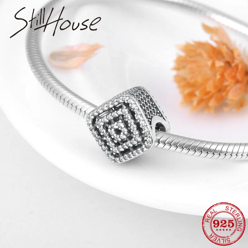 

925 Sterling Silver Openwork square shape Line Sparkling CZ charms Beads Fit Original Pandora Charm Bracelet Bangles Jewelry
