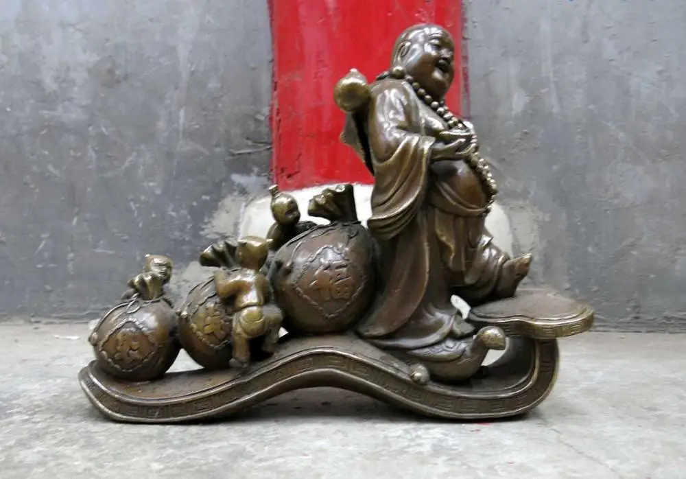 

Brass sculpture China copper Feng Shui Three money bag boys happy buddha Statue
