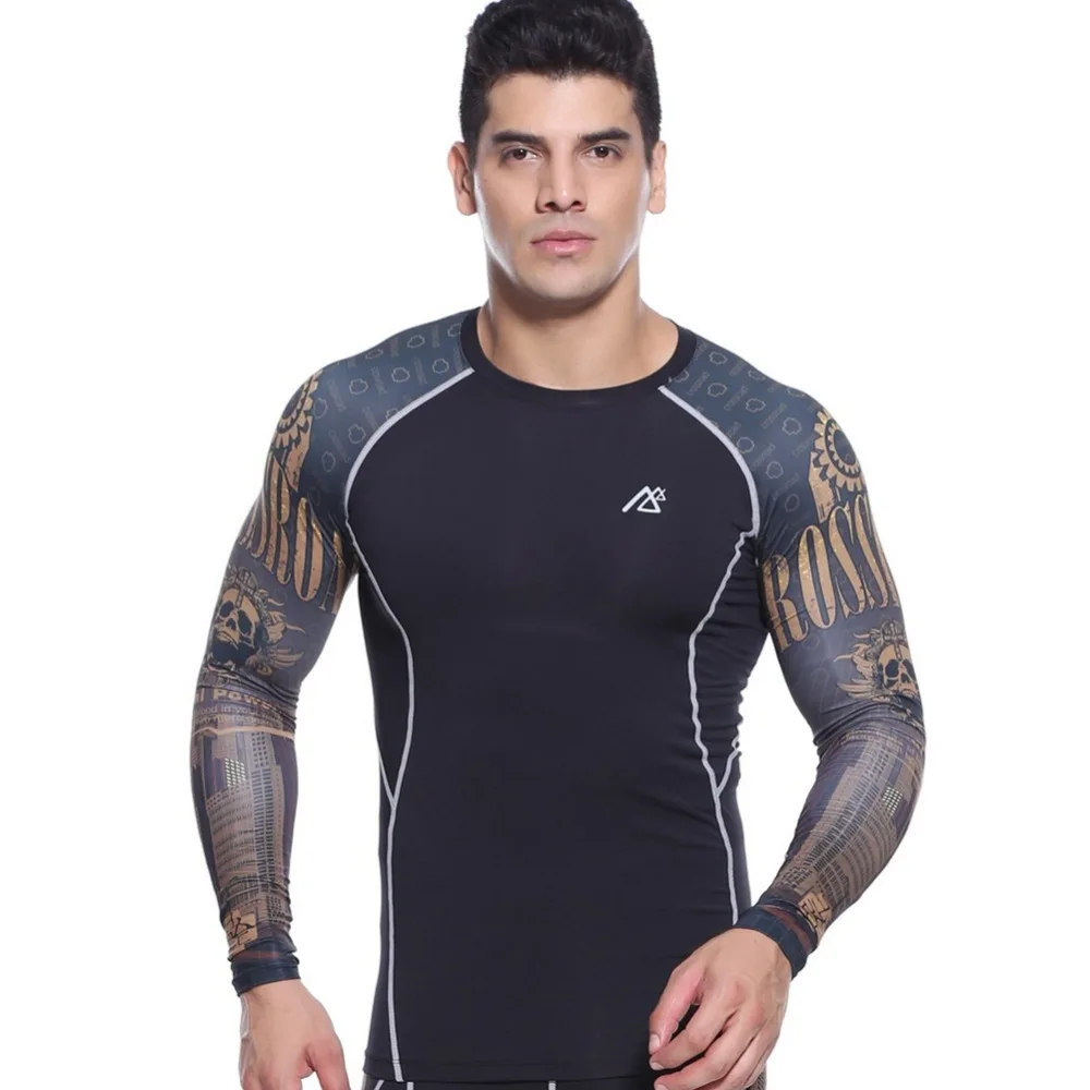 Men`s Gold Skull Double Sleeves Printed Compression Shirt Quick drying