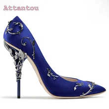 2017 spring summer newest pointed toe pumps matal decoration heel shoes wedding high heel pumps satin