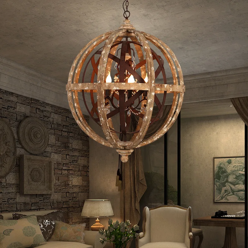 

Metal Crystal 5-Light Vintage Lampshade Dining Hanging Light Pendant Lighting Modern Decor Rustic Wooden Globe