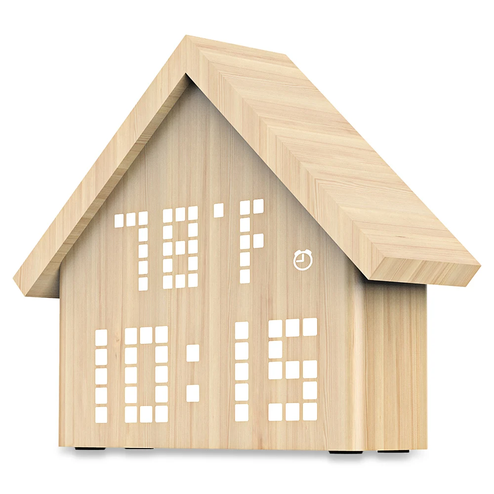 Multifunctional Log Cabin LED Digital Alarm Clock Voice Control Wooden