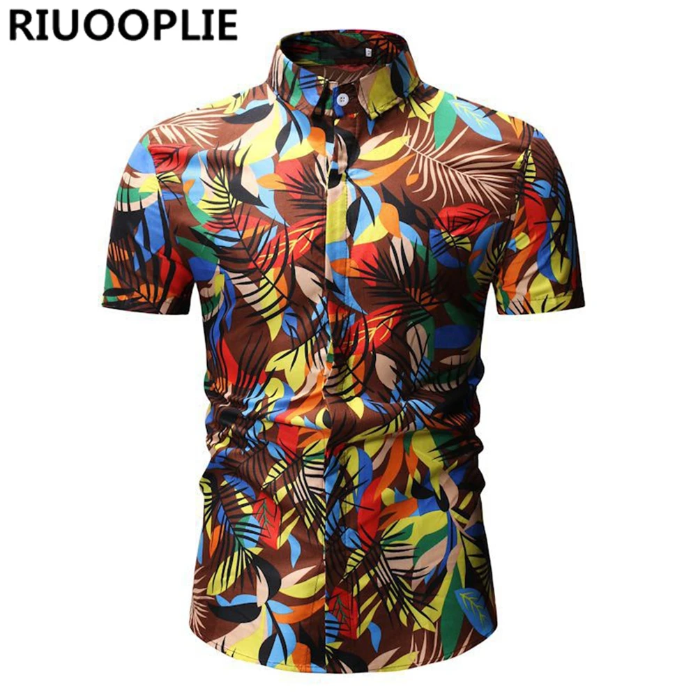 RIUOOPLIE Mens Hawaiian Shirt Flower Leaf Beach Party Casual Holiday Short Sleeve 4