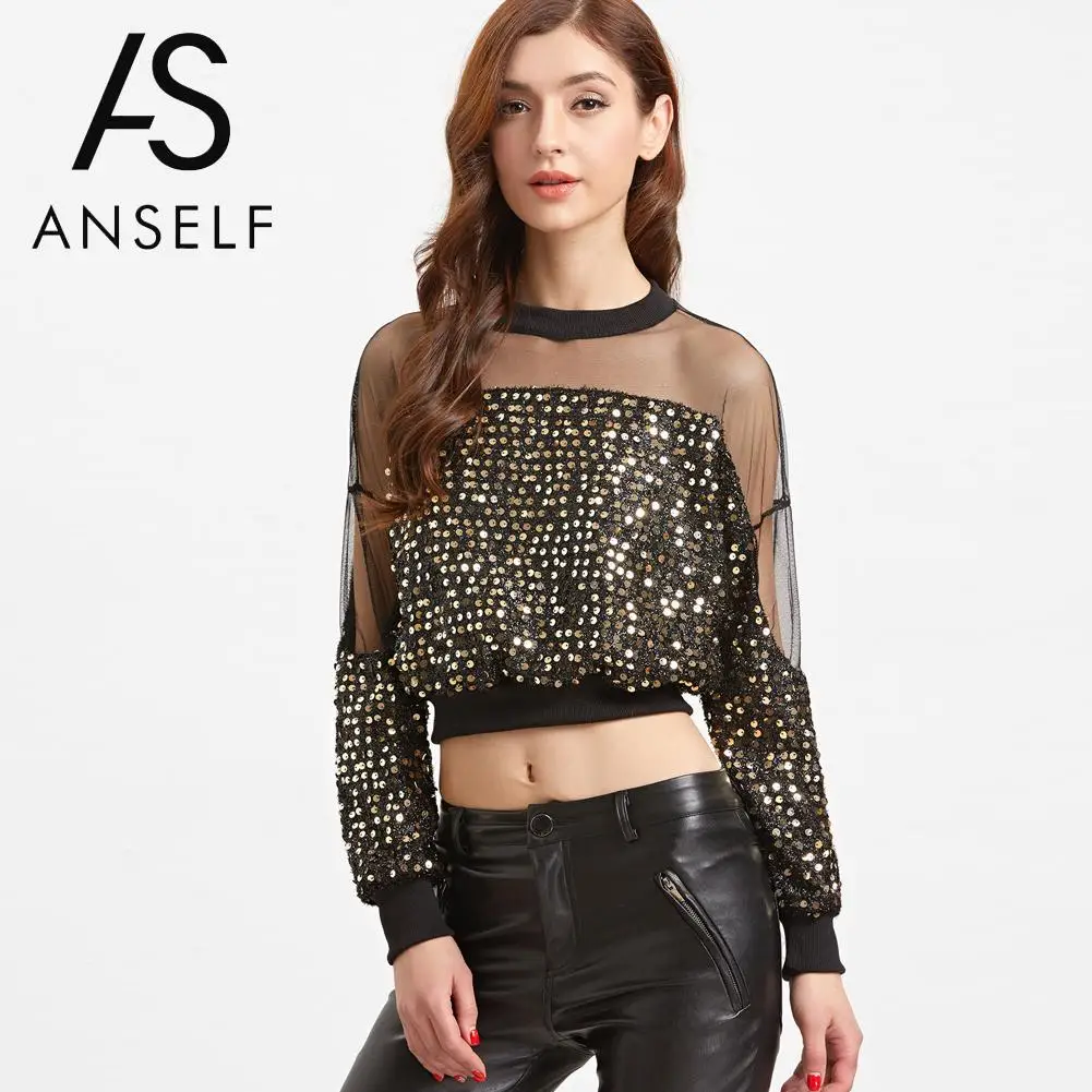 Buy Anself Sexy Women Gold Sequin Crop Top Sheer Mesh Splice Cropped Tshirt