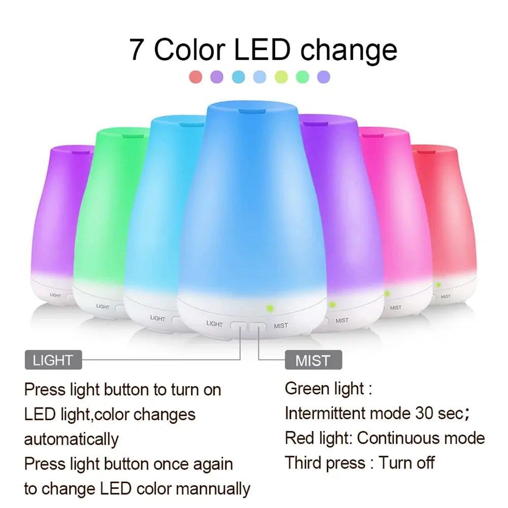 

100ML Ultrasonic Humidifier Aromatherapy Oil Diffuser Cool Mist With 7 Color LED Lights essential oil diffuser Waterless Auto Of