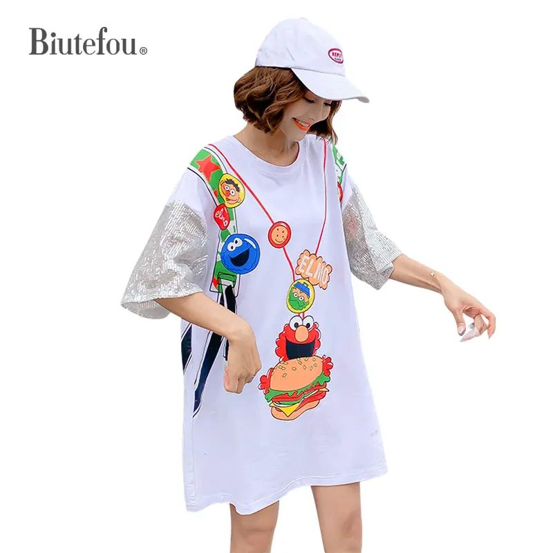 2019 Summer cartoon school bag print dresses fashion sequins short sleeve women dresses