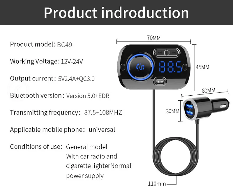 JaJaBor Bluetooth 5.0 Carkit Handsfree FM Transmitter AUX Audio Car Player A2DP Wireless Car MP3 Player Support TF Card Playback