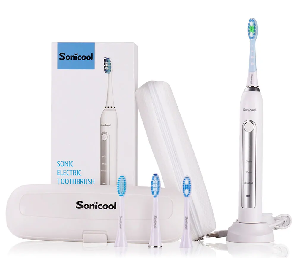 Sonicool 051B электрическая зубная щетка sonic USB перезаряжаемая ультра звуковая три режима зубные щетки с 4 шт DuPont насадки - Цвет: Белый