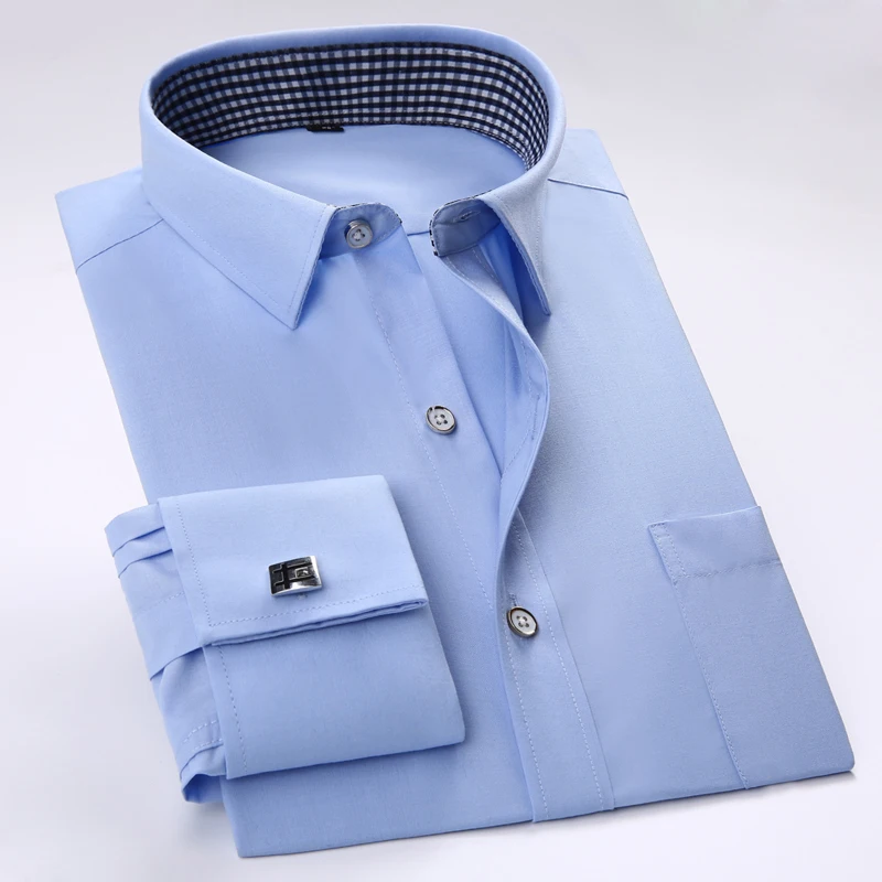 En Ligne Hommes Français de Boutons de Manchette Massif Robe Shirts avec Poche D affaires Régulier fit Sergé À Manches Longues Chemise rayée (boutons de manchette Inclus)