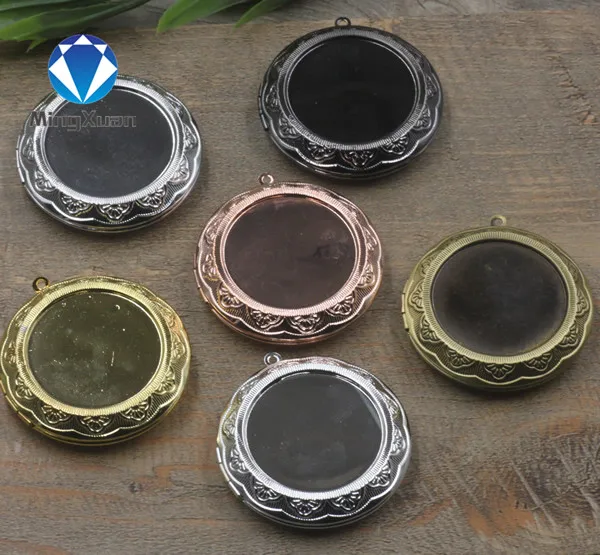 

MINGXUAN 2pcs Fit 30mm Round Cabochon Copper Locket Charms Photo Locket Pendants Jewelry Filigree Vintage Locket 6 Colors