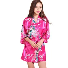 Ярко-розовый женский с цветочным принтом кимоно платье Китайский Стиль халат из вискозы ночнушка одежда с цветочным принтом S M L XL XXL XXXL 20160404