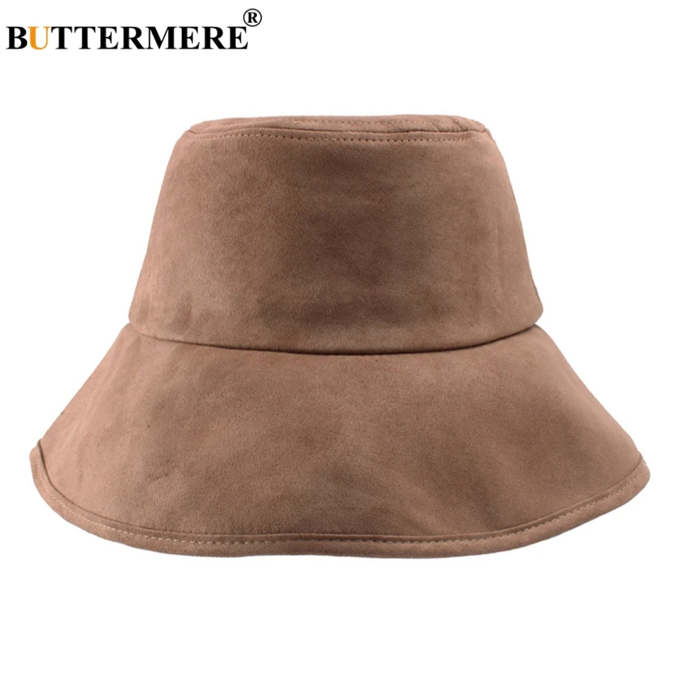 

BUTTERMERE Men Bucket Cap Suede Leather Male Korean Casual Vintage Fishing Hat Foldable Spring Autumn Brown Bucket Hats Ladies