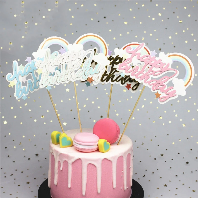 

1pcs Rainbow Letter Happy Birthday Cake Tag Cloud Cake Card Plugin Kid Happy Birthday Supplies Decoration Cake Cup