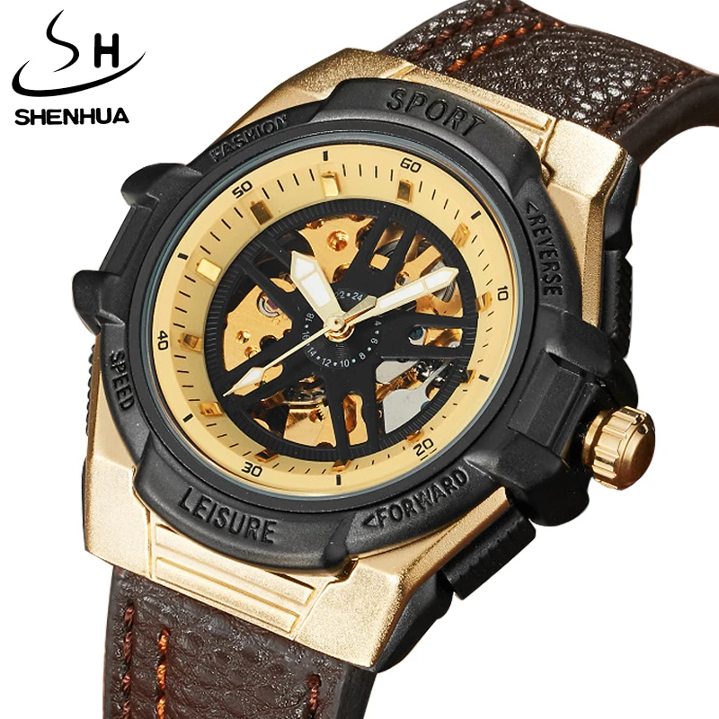 

New Fashion Top Brand Mechanical Watches Male Fashion Skeleton Dial Automatic Mechanical Watch Leather Wristwatches Reloj Hombre